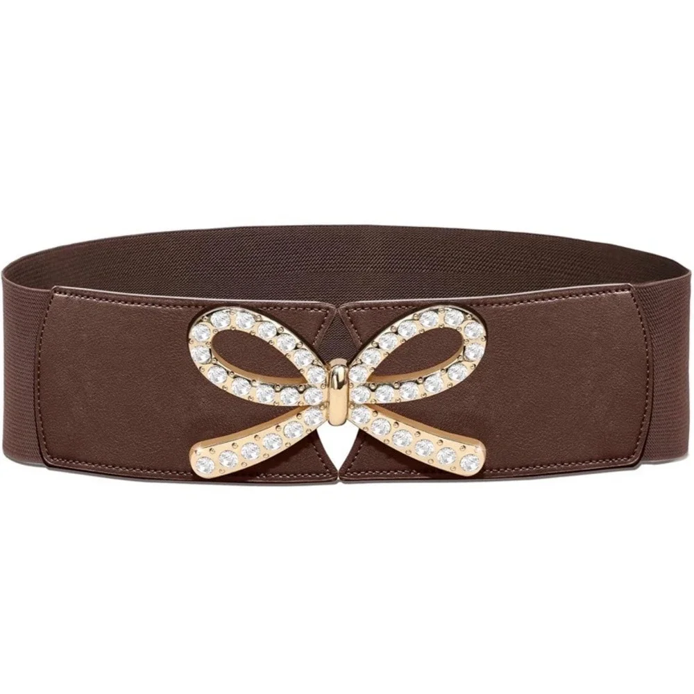 Brown Wide Elastic Cinch Belt Gold Rhinestone Bow Buckle Faux Leather Accent